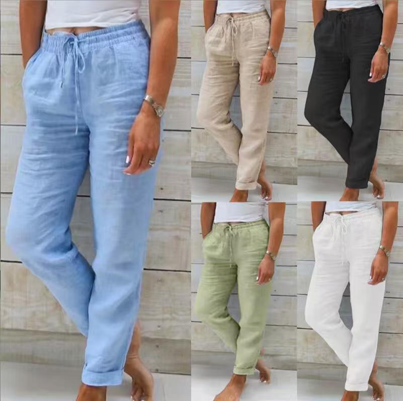 Damen nan lässige Leinenhose mit elastischem Bund Kordelzug und Seitentaschen Drune