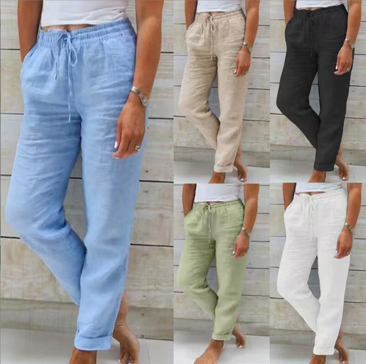 Damen nan lässige Leinenhose mit elastischem Bund Kordelzug und Seitentaschen Drune