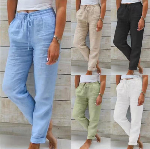 Damen nan lässige Leinenhose mit elastischem Bund Kordelzug und Seitentaschen Drune