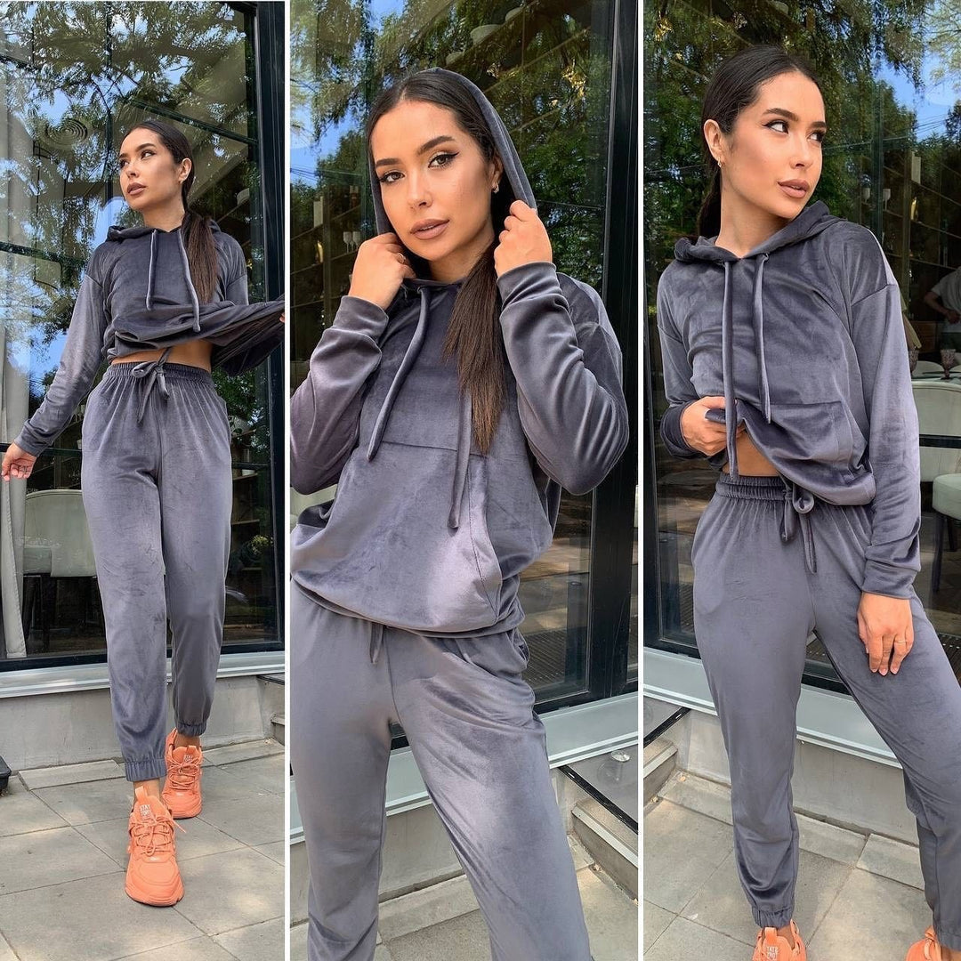 Damen Samt-Loungewear-Set mit kurz geschnittener Kapuzenjacke und Kordelzug-Jogginghose Drune