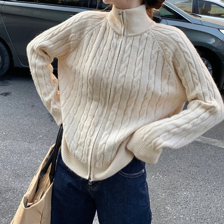 Damen Strickjacke mit Zopfdesign und hohem Kragen Drune