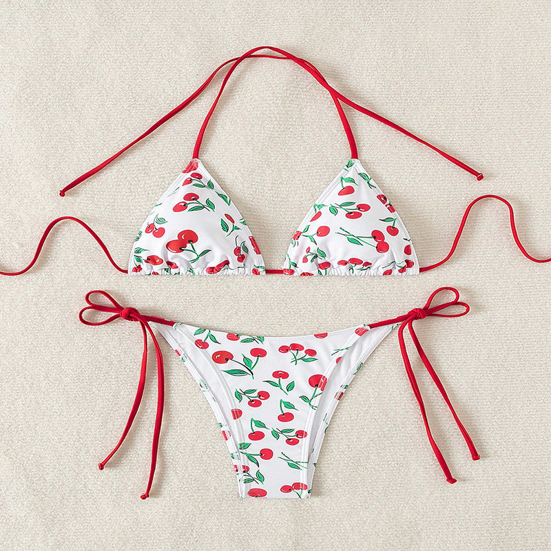 Damen Triangel-Bikini mit Krawattenverschluss und verspieltem Kirschdesign Drune