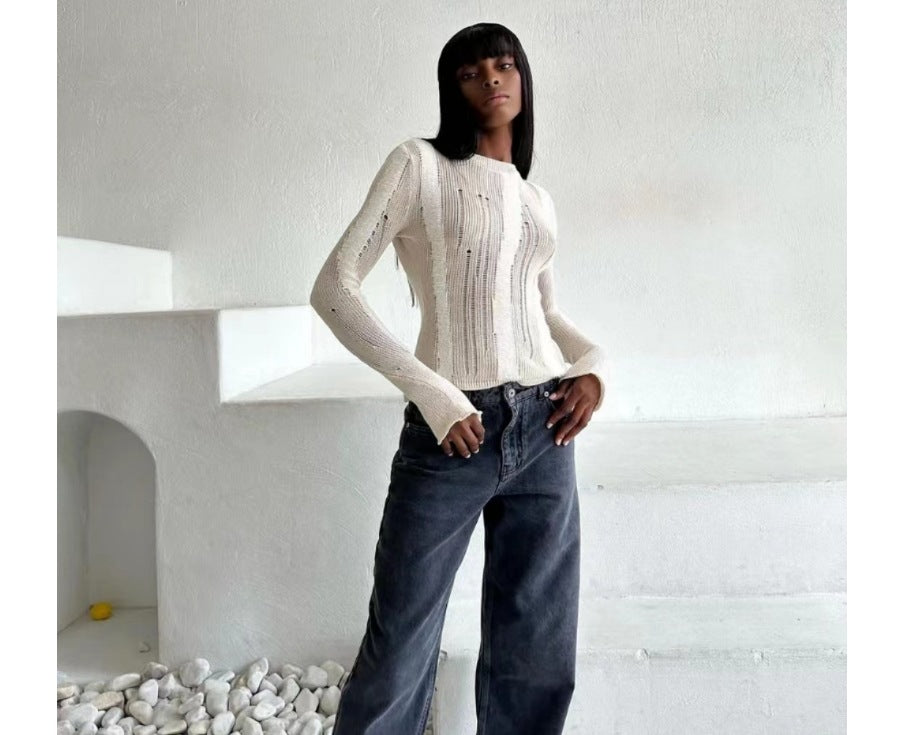 Damen modisches Strickoberteil mit elegantem Knoten und schmalen Ärmeln Drune