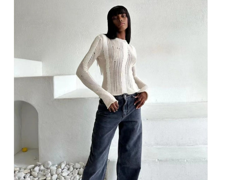 Damen modisches Strickoberteil mit elegantem Knoten und schmalen Ärmeln Drune