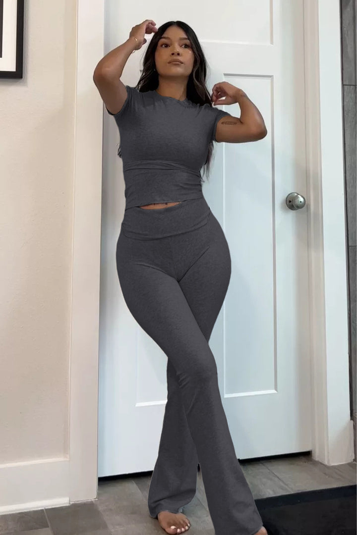 Damen Fitted Langarm Crop Top und Hochbund Leggings Set aus Functional Jersey Drune