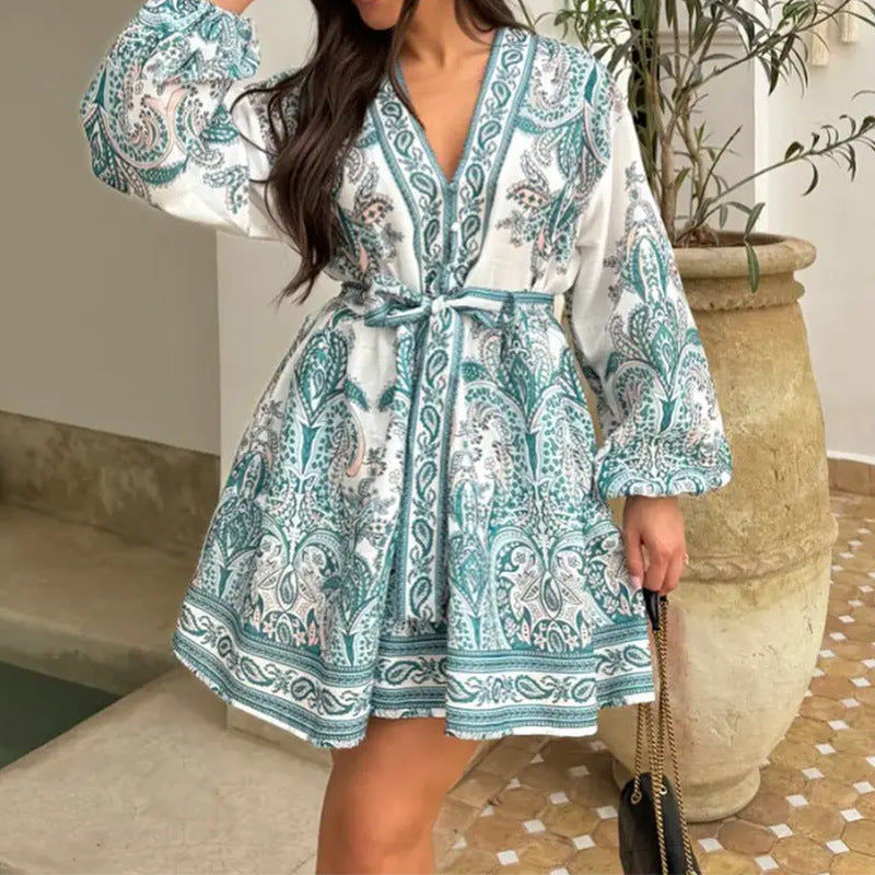 Damen Smaragdgrünes Paisley-Muster Wickelkleid mit langen Ärmeln und Taillengürtel Drune