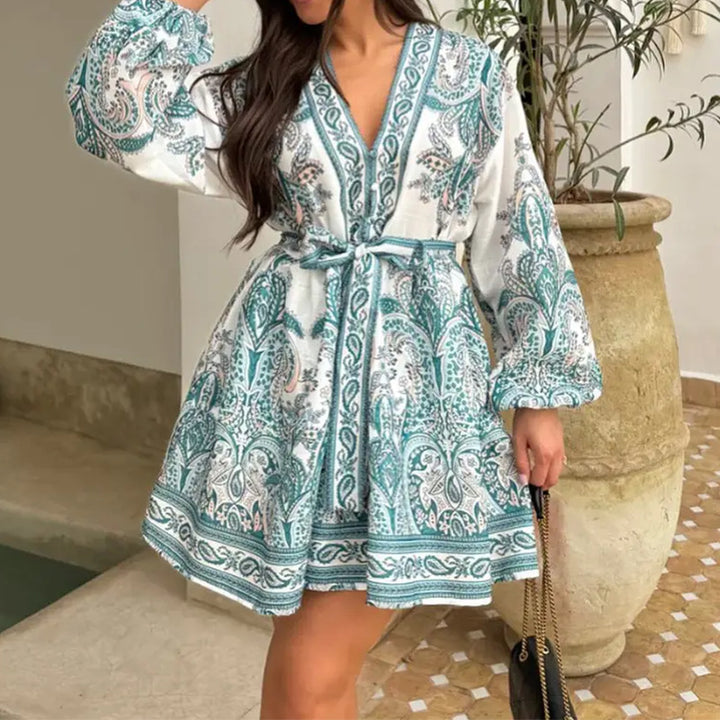 Damen Smaragdgrünes Paisley-Muster Wickelkleid mit langen Ärmeln und Taillengürtel Drune
