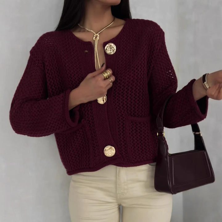 Damen luftiger Strickjacke mit dekorativem Netzdesign und praktischen Taschen Drune