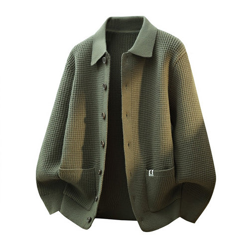 Herren Grobstrukturierte Hemdjacke-Strickcardigan mit Waffelstruktur, Hemdkragen & aufgesetzten Taschen Drune