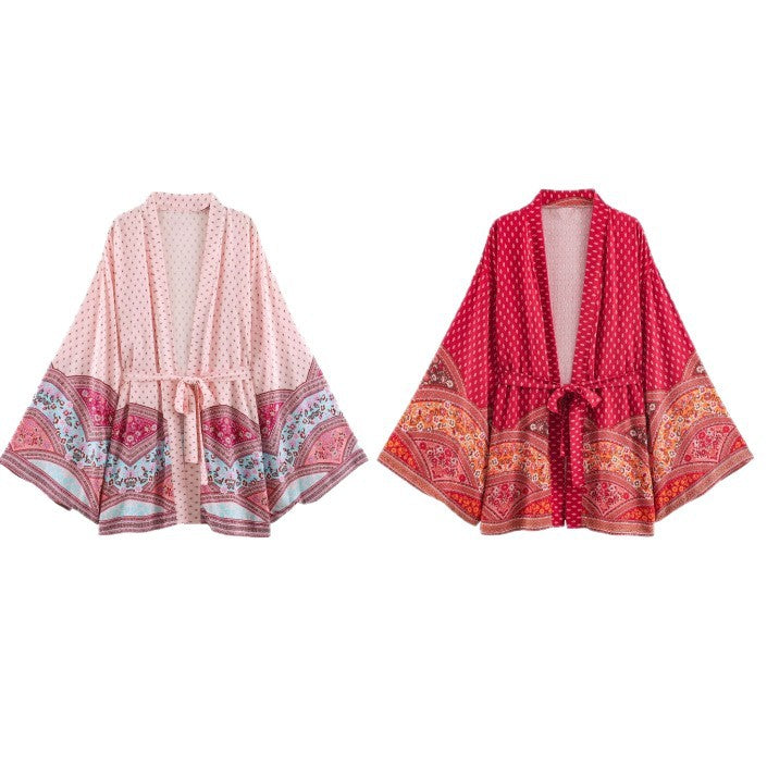 Damen Kimono-Wickelrobe im Boho-Print mit weitem Ärmeln Drune