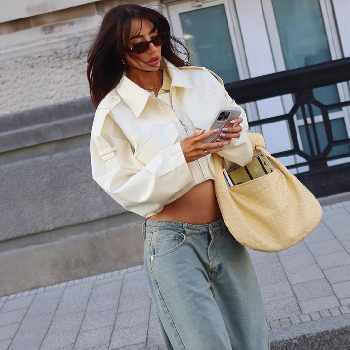 Damen Kurze Boxy-Cargo-Jacke aus Baumwollmix mit übergroßen Pattentaschen Drune