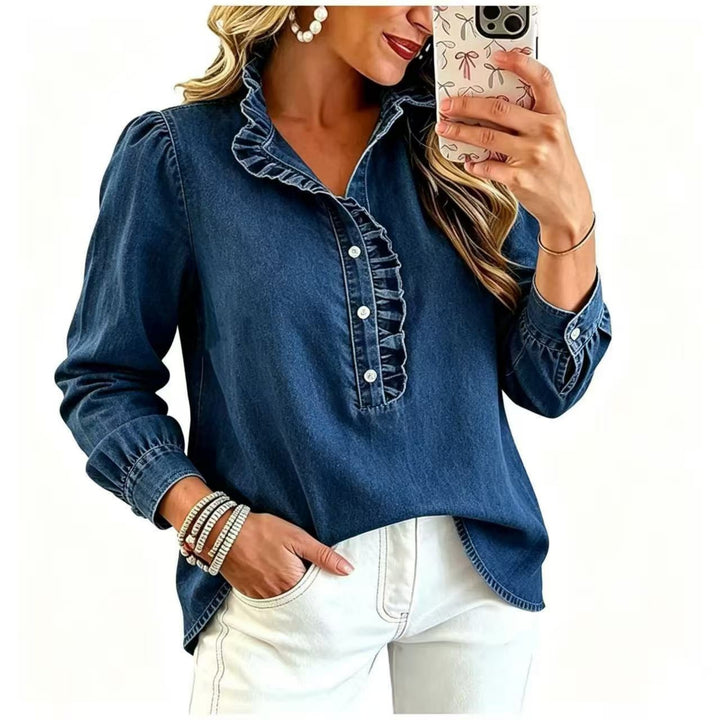 Damen Denim-Bluse mit Rüschenkragen und Puffärmeln Drune