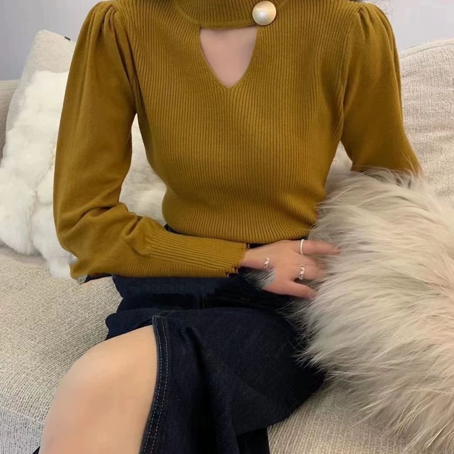 Damen Modischer Pullover mit V-Ausschnitt und dekorativer Knopfleiste Drune