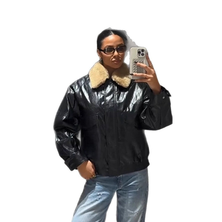 Damen Glänzende Oversize Lederimitat-Bomberjacke mit voluminösem Kunstfellkragen Drune