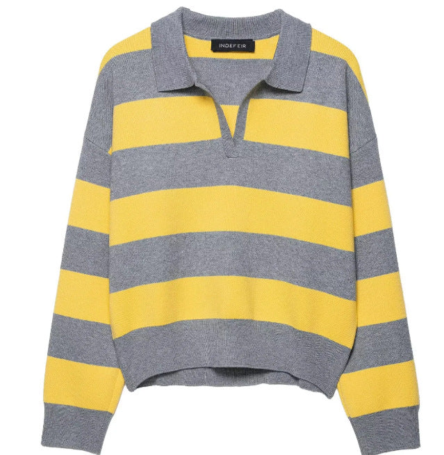 Damen Cropped Rugby-Strickpullover mit Kentkragen und V‑Ausschnitt Drune