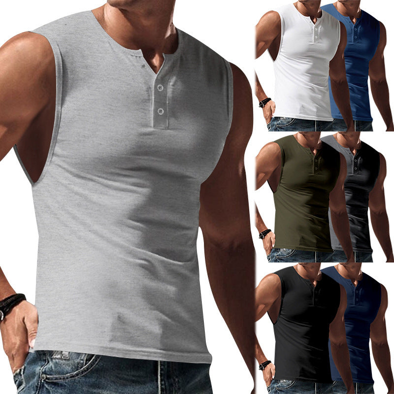 Herren nan ärmelloses Muskelshirt mit Henley-Knopfleiste, tiefem Armausschnitt und elastischem Baumwollmix Drune