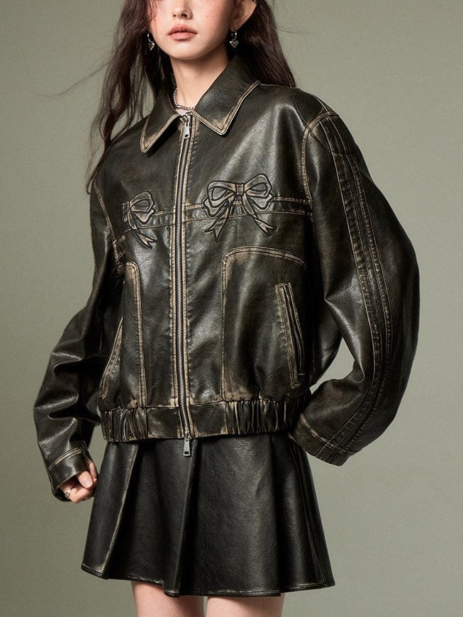 Drune | Bowknot Zip Up Lederjacke