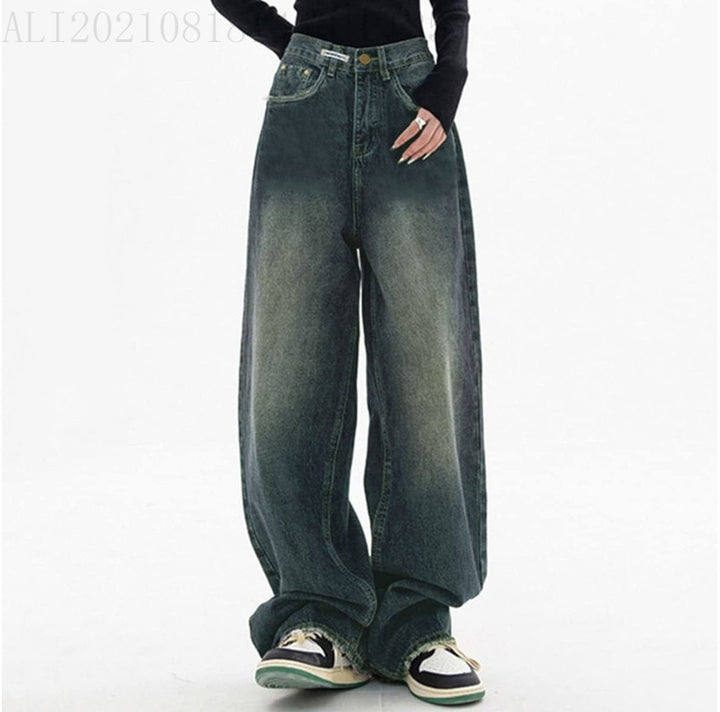 Damen nan hochgeschnittene extraweite Baggy-Jeans mit überlangem Saum und Vintageoptik Drune