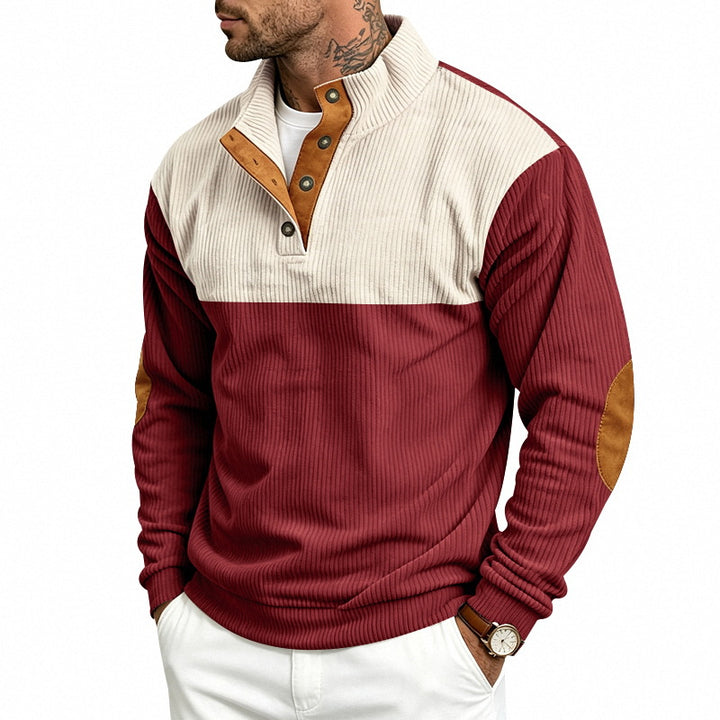 Herren Strukturierter Troyer-Pullover mit Stehkragen, Druckknopfleiste und Ellbogen‑Patches Drune