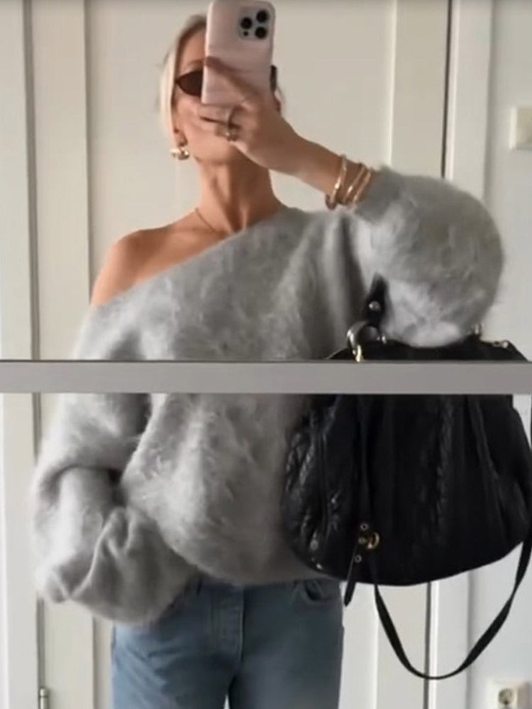 Damen Oversize Mohair-Blend Off-Shoulder Pullover mit Ballonärmeln Drune