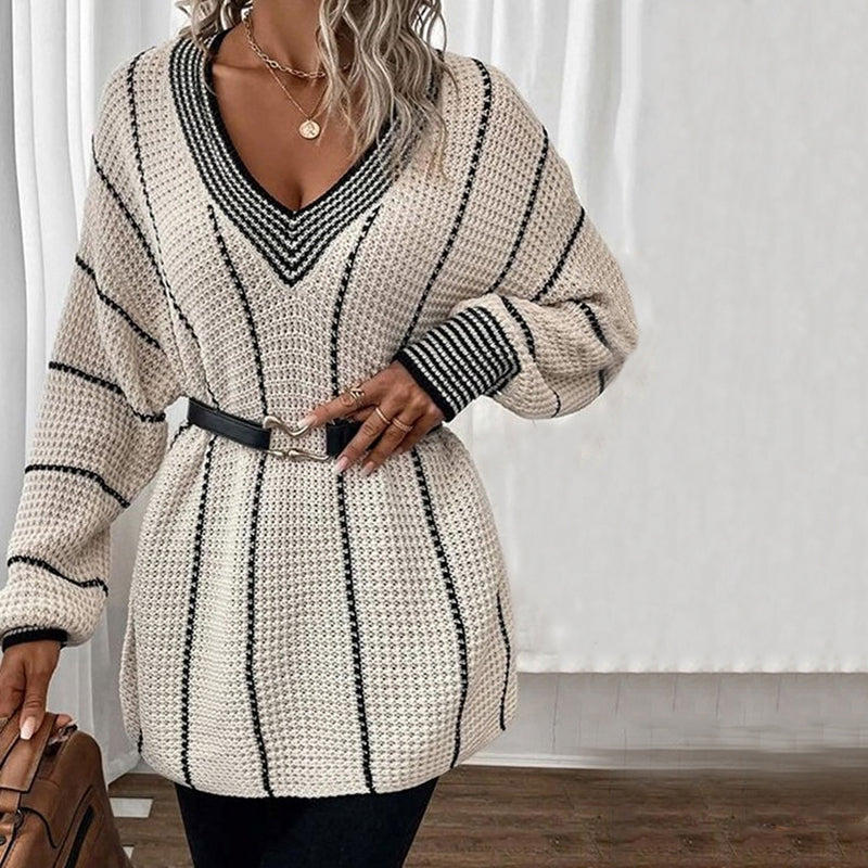 Drune | Pullover - Damen Winter Gestreifter V-Ausschnitt Strickpullover
