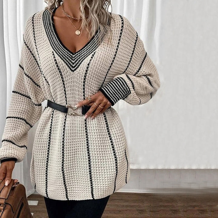 Drune | Pullover - Damen Winter Gestreifter V-Ausschnitt Strickpullover