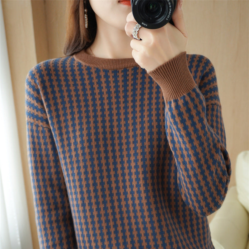 Damen Leichter Strukturstrick-Pullover mit Hahnentritt-Muster und breitem Rippbündchen Drune