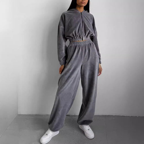 Damen Velours-Lounge-Set mit kurzem Reißverschluss-Hoodie, elastischer High-Waist-Jogginghose und Bustier Drune
