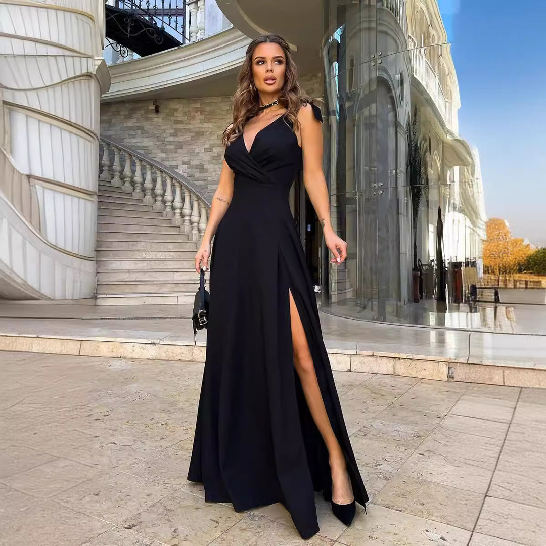 Damen Elegantes Abendkleid mit tiefem V-Ausschnitt und hohem Schlitz Drune