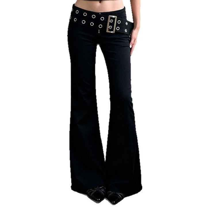 Damen High‑Waist Schlaghose aus Stretch‑Denim mit Ösengürtel Drune