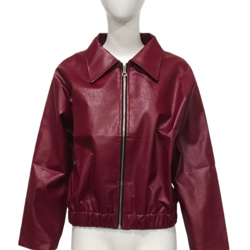 Damen Kunstleder-Blousonjacke mit Reißverschluss, überschnittener Schulter und elastischem Saum Drune