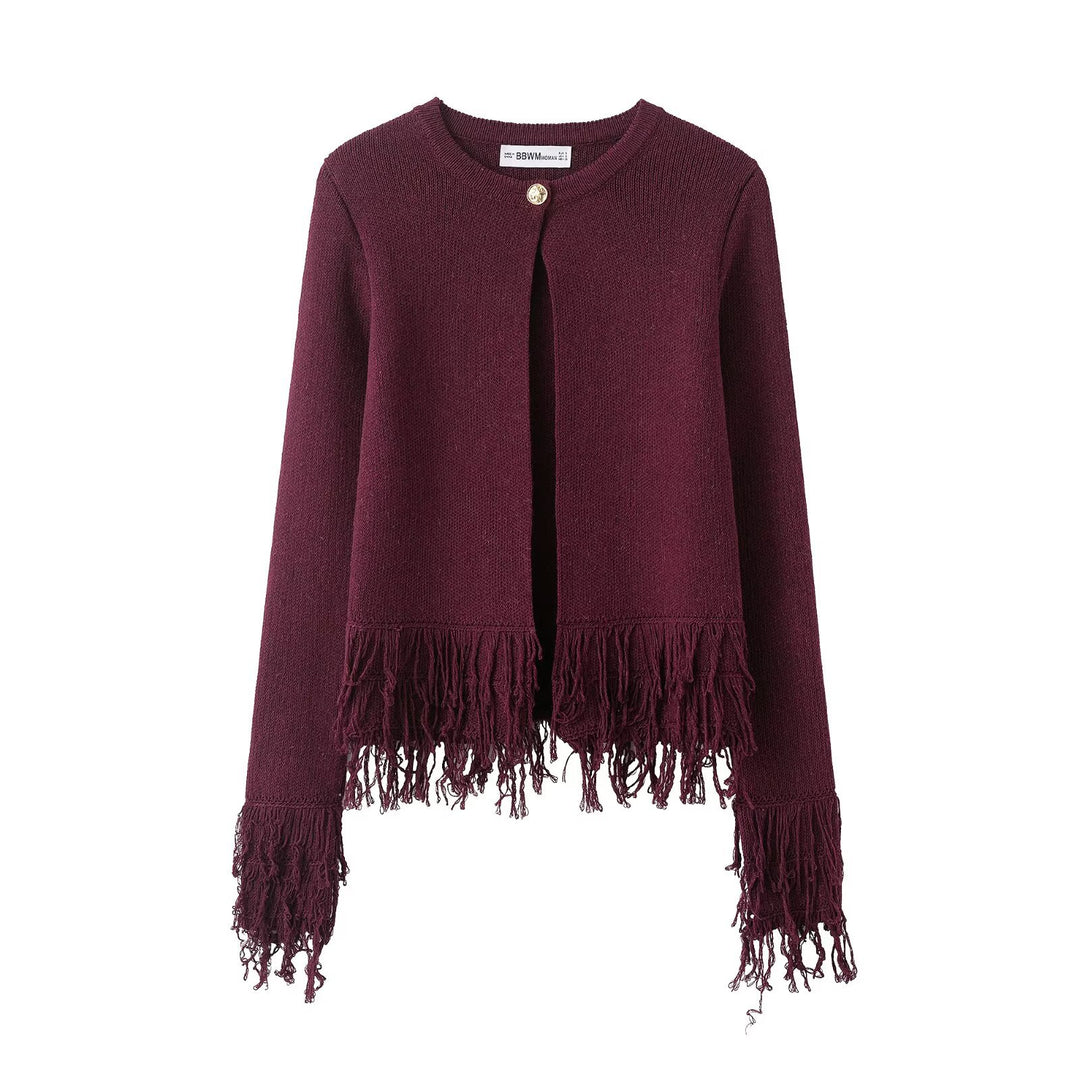 Damen 60+ gestrickter Cropped‑Cardigan mit Fransenbesatz und Rundhals Drune