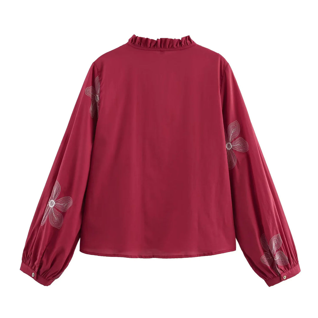 Damen nan bestickte lockere Hemdbluse mit Volantkragen, Bindebandvorderseite und Ballonärmeln Drune