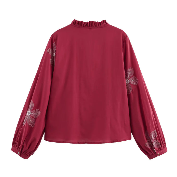 Damen nan bestickte lockere Hemdbluse mit Volantkragen, Bindebandvorderseite und Ballonärmeln Drune