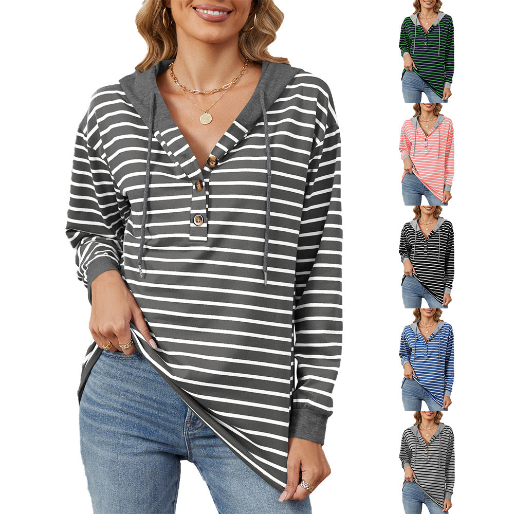 Damen lässiger Streifen-Hoodie mit Knopfleiste und bequemem Schnitt Drune