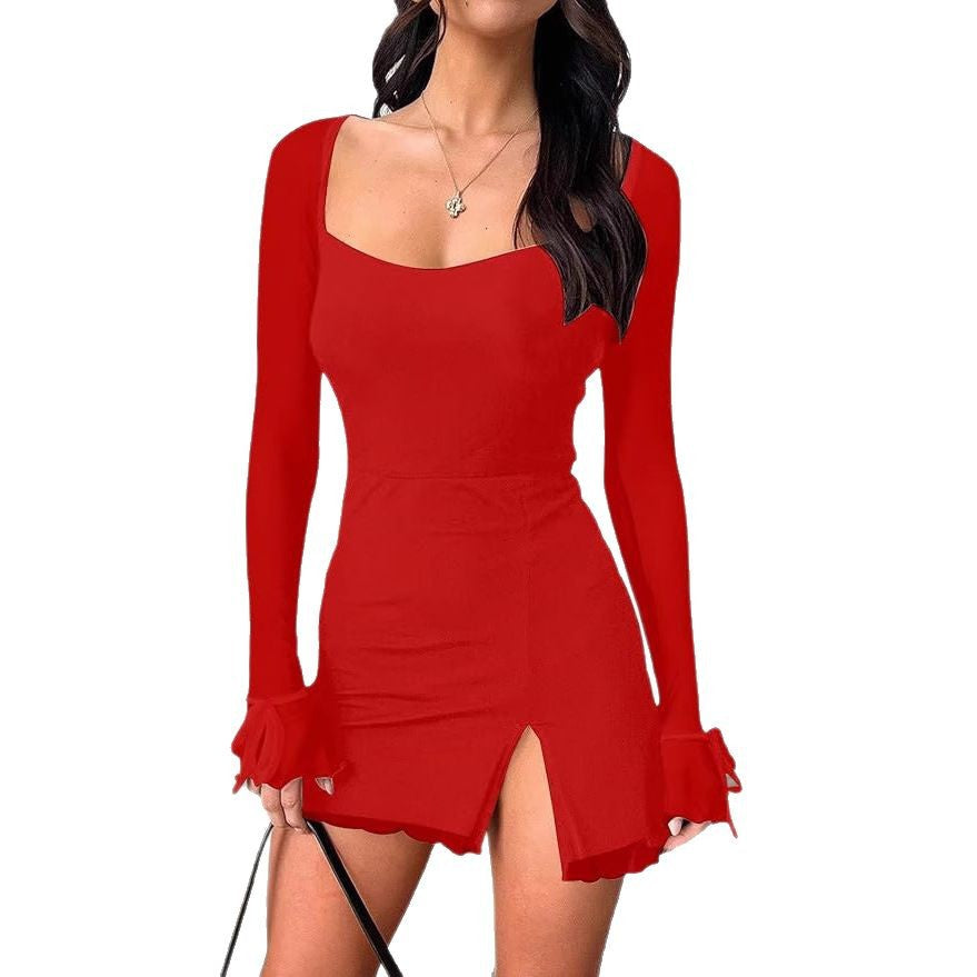 Damen Minikleid mit transparenten Ärmeln und seitlichem Schlitz Drune