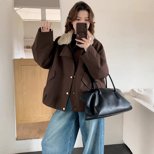 Damen Oversize-Utilityjacke mit hohem Teddykragen und Druckknopfleiste Drune