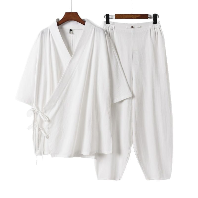 Unisex Leichtes Wickel-Lounge-Set im Kimono-Stil mit seitlichen Bindebändern und elastischer konisch zulaufender Hose Drune