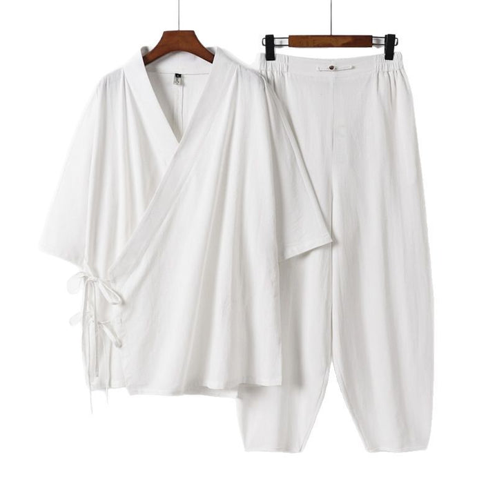 Unisex Leichtes Wickel-Lounge-Set im Kimono-Stil mit seitlichen Bindebändern und elastischer konisch zulaufender Hose Drune