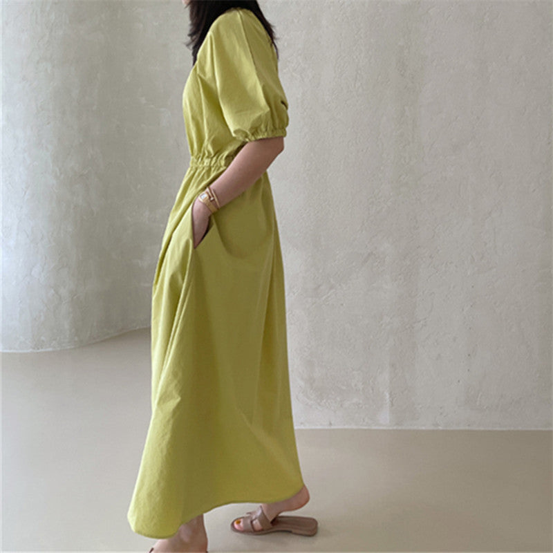Damen Fließendes Baumwoll-Maxi-Sommerkleid mit elastischem Taillenbund, Puffärmeln und Eingrifftaschen Drune