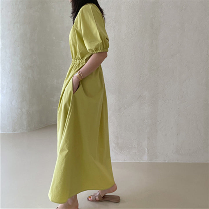 Damen Fließendes Baumwoll-Maxi-Sommerkleid mit elastischem Taillenbund, Puffärmeln und Eingrifftaschen Drune