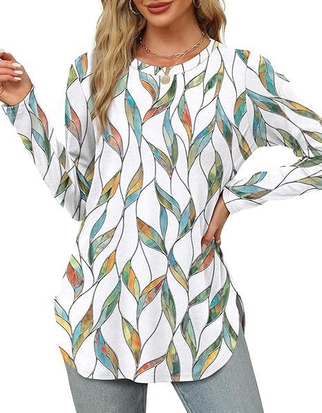 Damen Lässiges Longsleeve-Tunikaoberteil mit Rundhalsausschnitt, Seitenschlitzen und Aquarell-Blattprint Drune