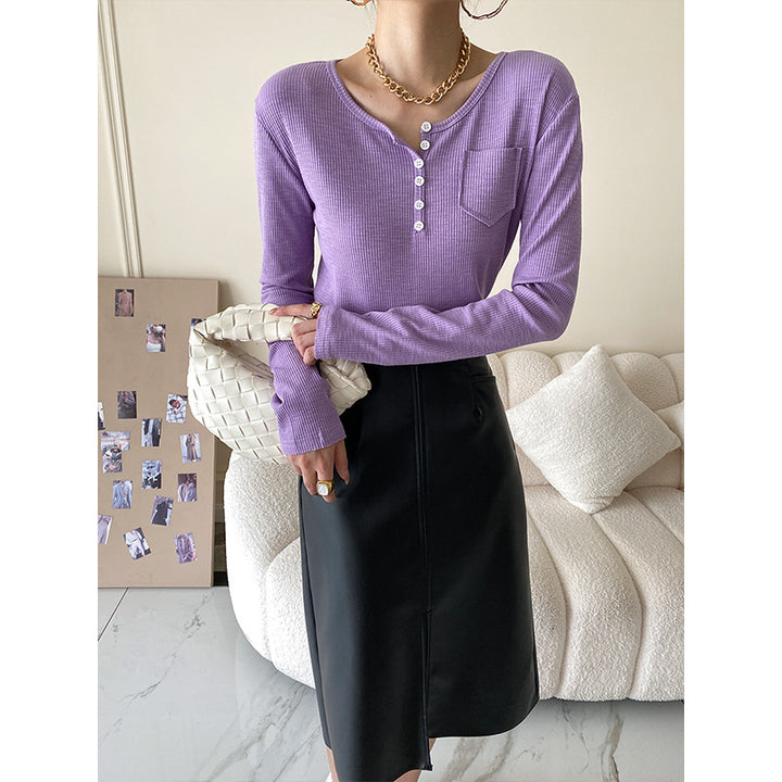 Damen Langarm-Henley-Shirt mit Knopfdetails und feiner Rippstruktur Drune