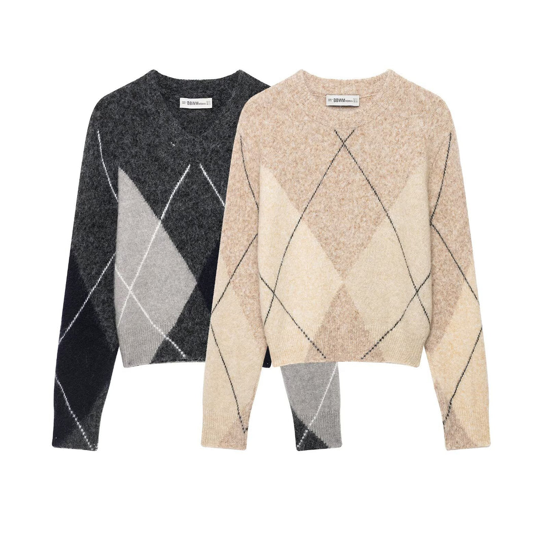 Damen Argyle-Pullover aus Wollmix mit weichem Flor und kastiger Cropped-Silhouette Drune