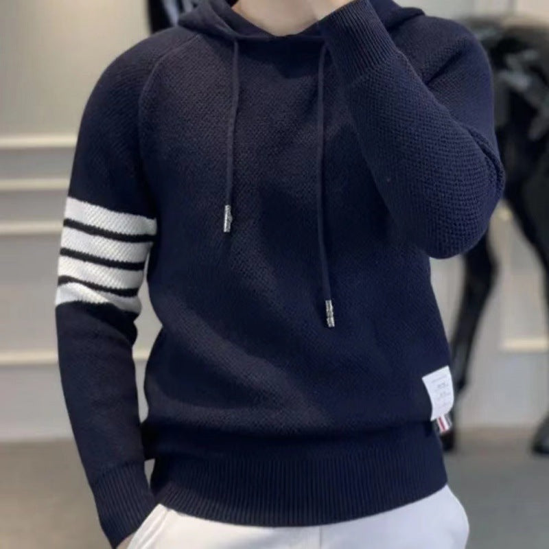 Herren Sportlicher Strickpullover mit Kapuze und Streifen Drune