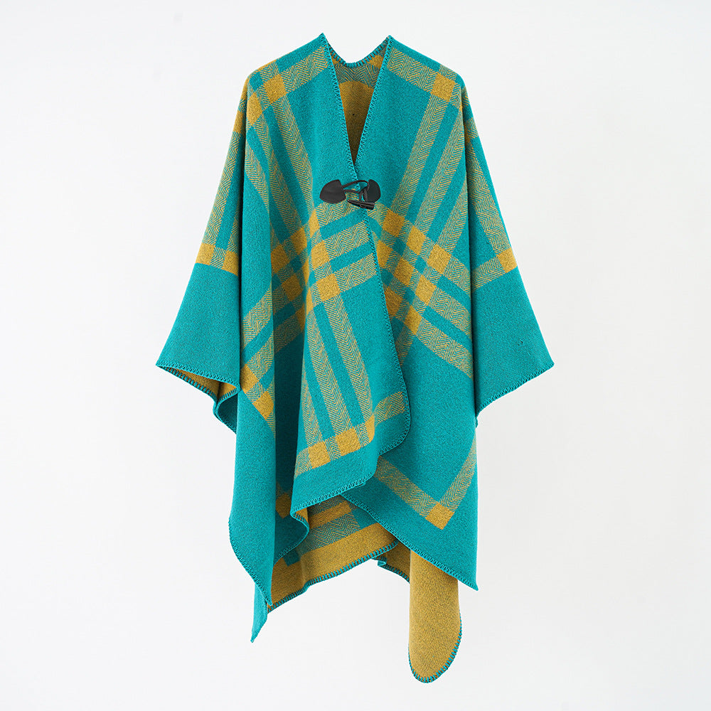 Damen Reversibler Wollmix-Poncho mit Knebelverschluss und Karomuster Drune