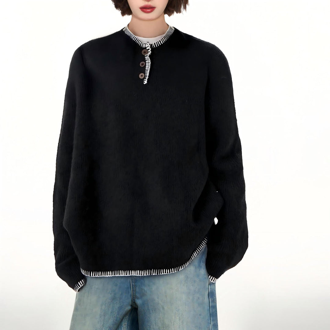 Damen Lässiger Pullover mit dekorativen Knopfdetails und kontrastierenden Abschlüssen Drune