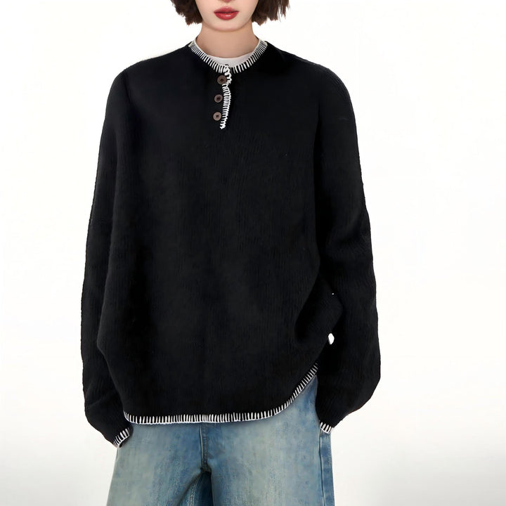 Damen Lässiger Pullover mit dekorativen Knopfdetails und kontrastierenden Abschlüssen Drune