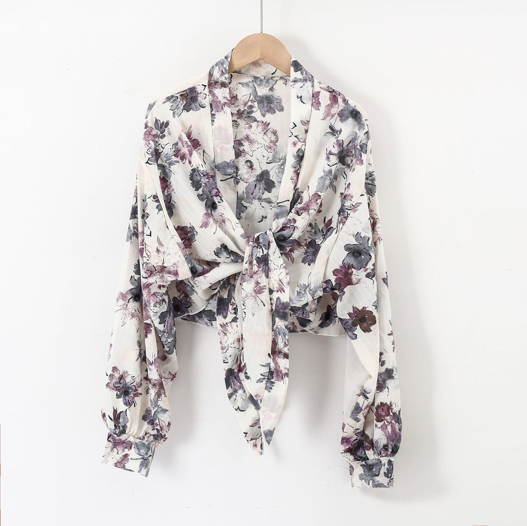 Damen nan florale Knoten-Bluse im Wickelstil mit Ballonärmeln und leichter Leinenoptik Drune