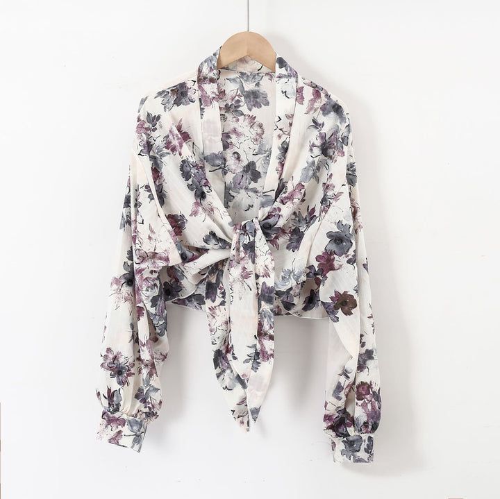 Damen nan florale Knoten-Bluse im Wickelstil mit Ballonärmeln und leichter Leinenoptik Drune
